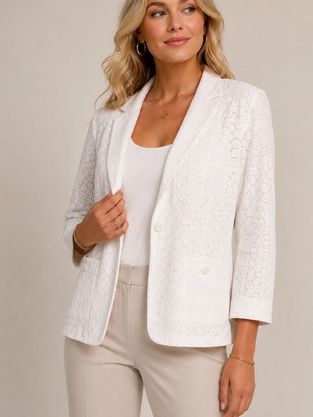 Jones New York Woman White Eyelet Lace Blazer Jacket Textured Floral size 10,12